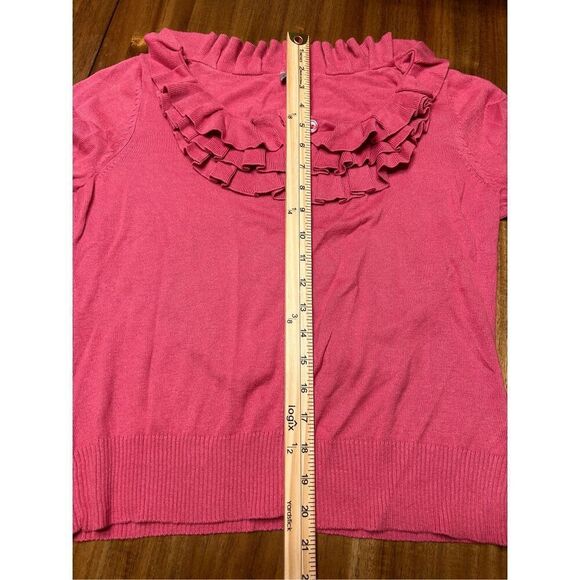 Worthington Women's Graceful Rose Ruffle Neck Cardigan Size Petite Medium - Picture 9 of 9